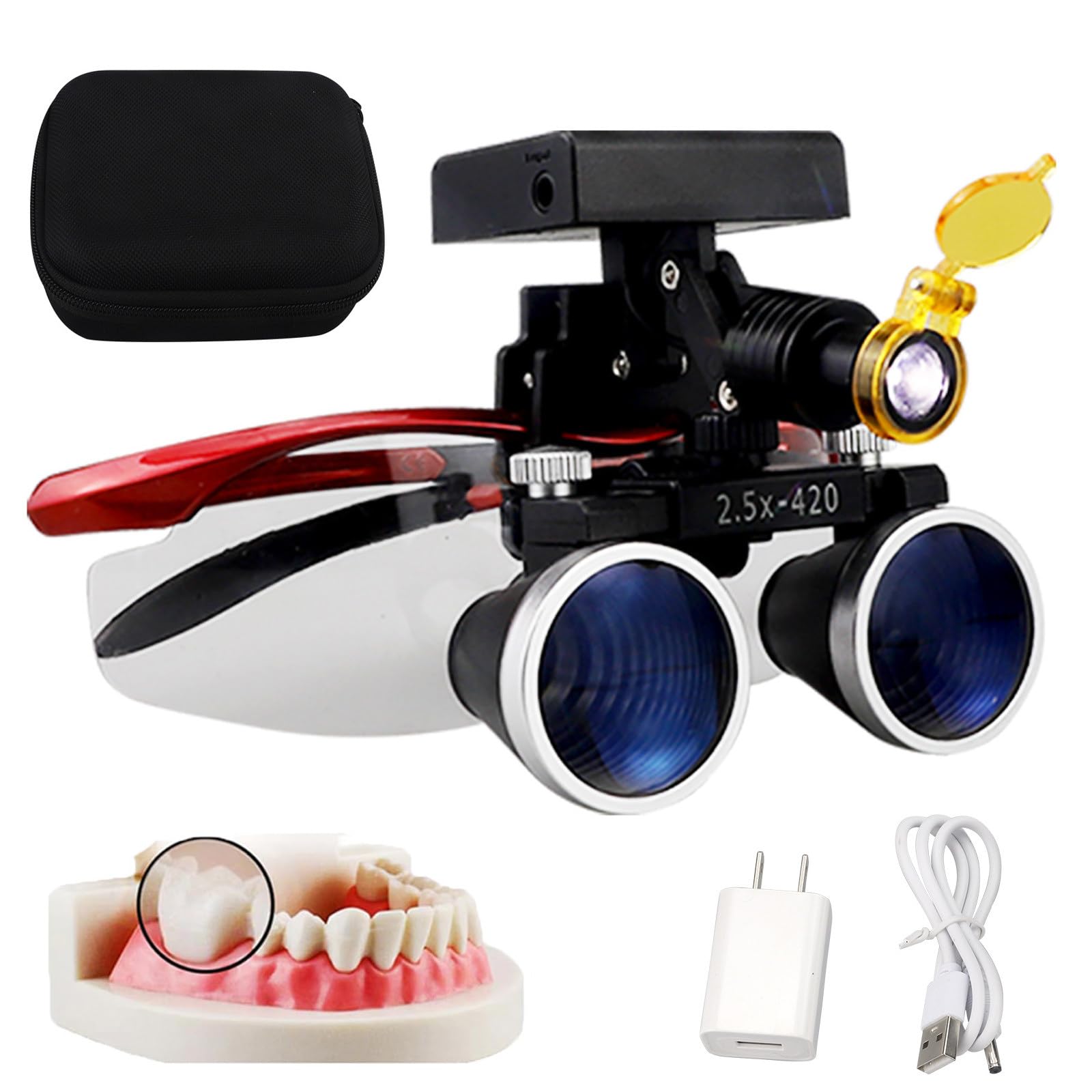 Lupas Binoculares Dentales, Aumento De 2,5X / 3,5X, con Linterna Frontal Led De 5W, Distancia De Trabajo: 320-42mm, 4 Niveles De Brillo Ajustable, para Laboratorios Dentales. E-3.5X