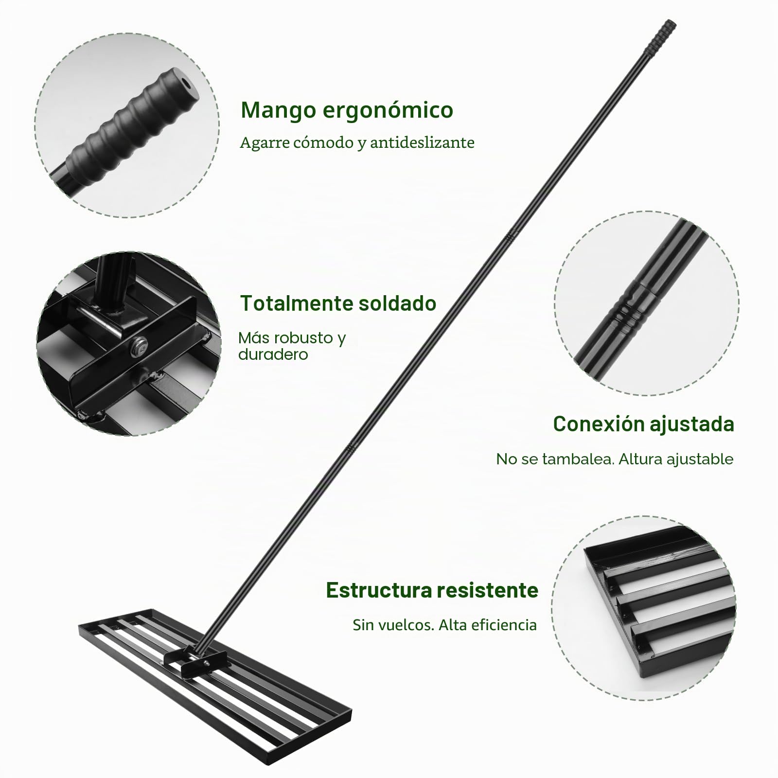 Rastrillo Nivelador de Césped 41x25cm, Rastrillo de Nivelación de Césped Resistente con Mango Ajustable Antideslizante de 213cm, Rastrillo para Césped Jardín, Campo de Golf, Negro