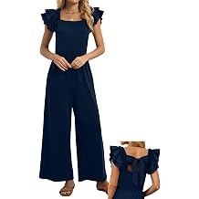 Womens Jumpsuits Bow Tie Back Ruffle Cap Sleeve Casual Wide Leg Romper Beach Vacation One Piece Summer Outfits