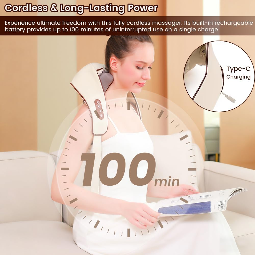 Neck and Shoulder Massager with Heat, 6D Shiatsu Deep Tissue Massager for Pain Relief, Cordless Kneading Massager for Muscle Soreness in Back, Leg & Shoulder