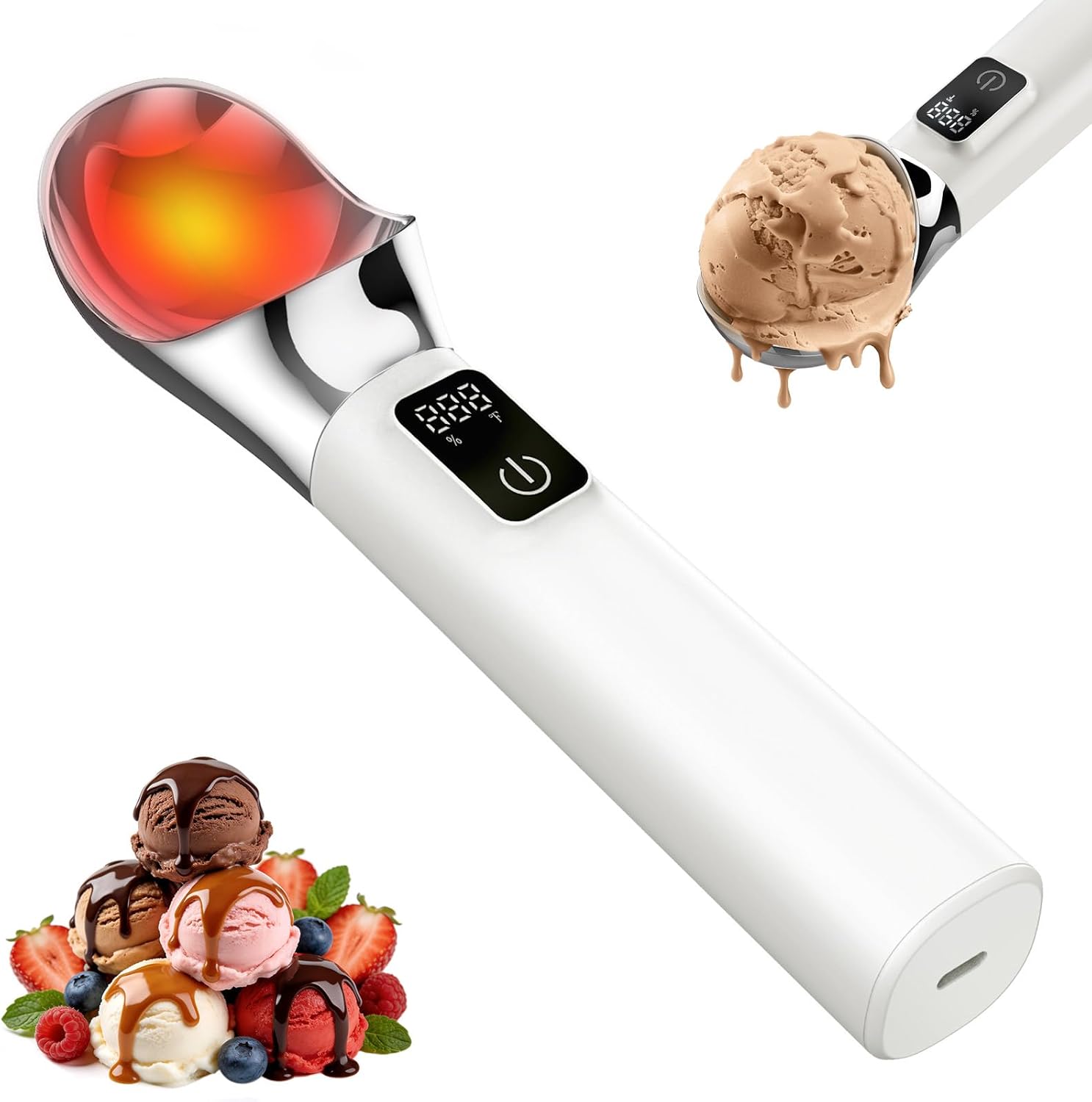 Heated Ice Cream Scoop Rechargeable, 5000mAh Battery Electric Ice Cream Scoop, Self-Warming Heats To 158℉, IP67 Waterproof for Hard Icecream and More with LED Display, Ideal Kitchen Gifts | White 2 oz