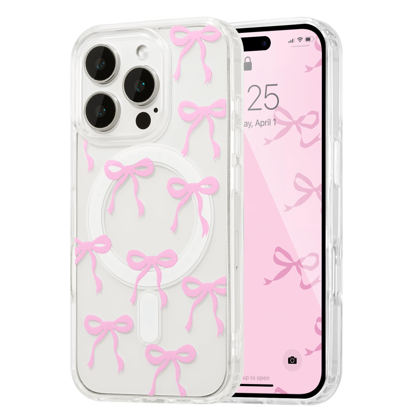 UEEBAI Magnetic For IPhone 15 Pro Max Case, Bow Case Compatible With MagSafe, Wireless Slim Clear Ribbon Aesthetic Phone Cover Anti-Yellowing Shockproof Protective Cover For Women Girl - Baby Blue