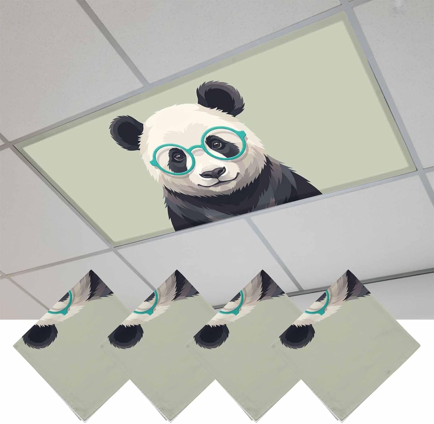 Sage Green Cute Panda Fluorescent Light Covers for Ceiling Lights 4x2 feet,4 Pack Magnetic Light Filters for Classroom,Funny Animals Modern Art Fluorescent Lamp Shade Panel for Office School Drop Home