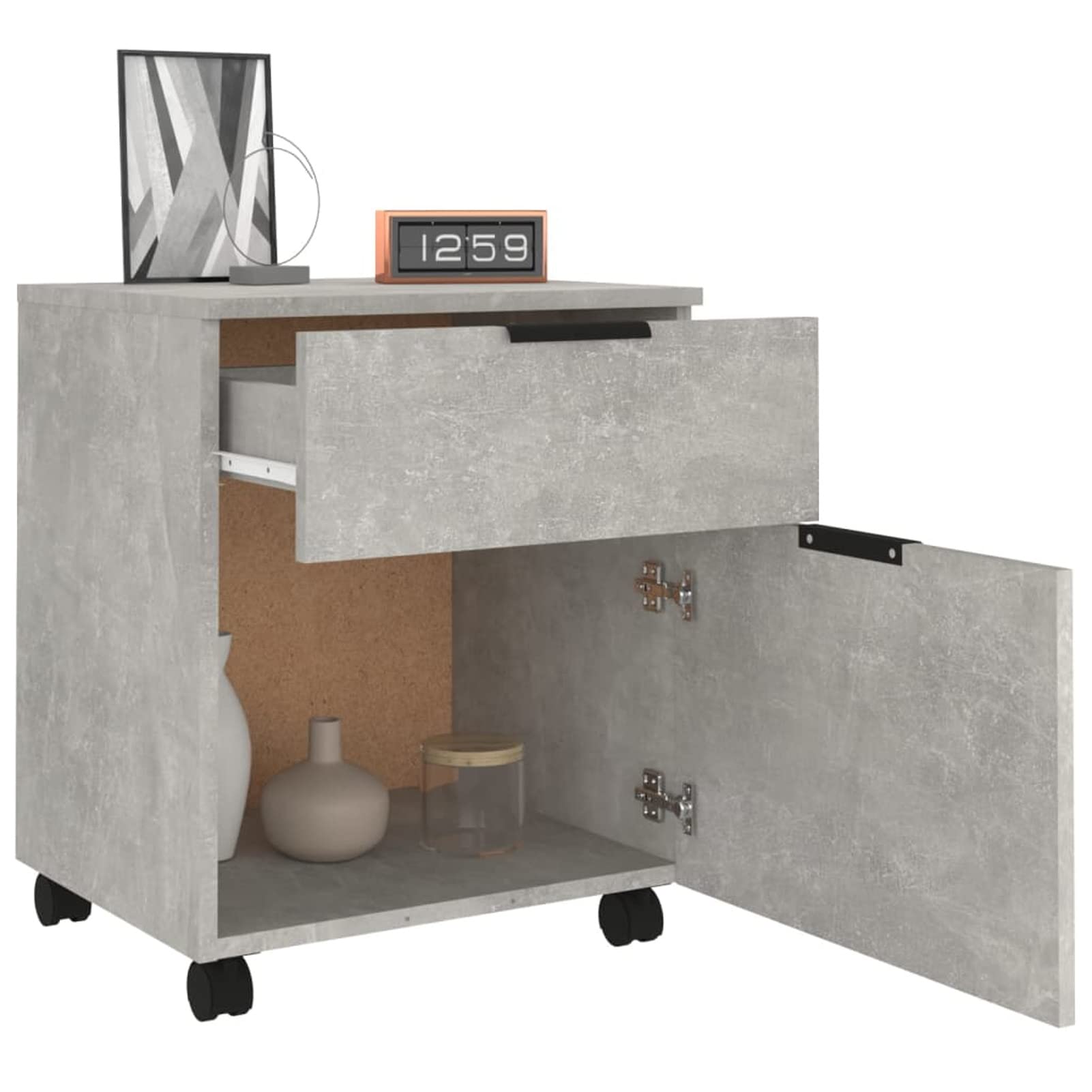 Schedario con Ruote Grigio Cemento 45x38x54cm Legno Multistrato,Cassettiera, Mobiletto da Ufficio con Serratura,Regolabile per Cartelle Sospese, Superficie Testurizzata, per Ufficio, Studio