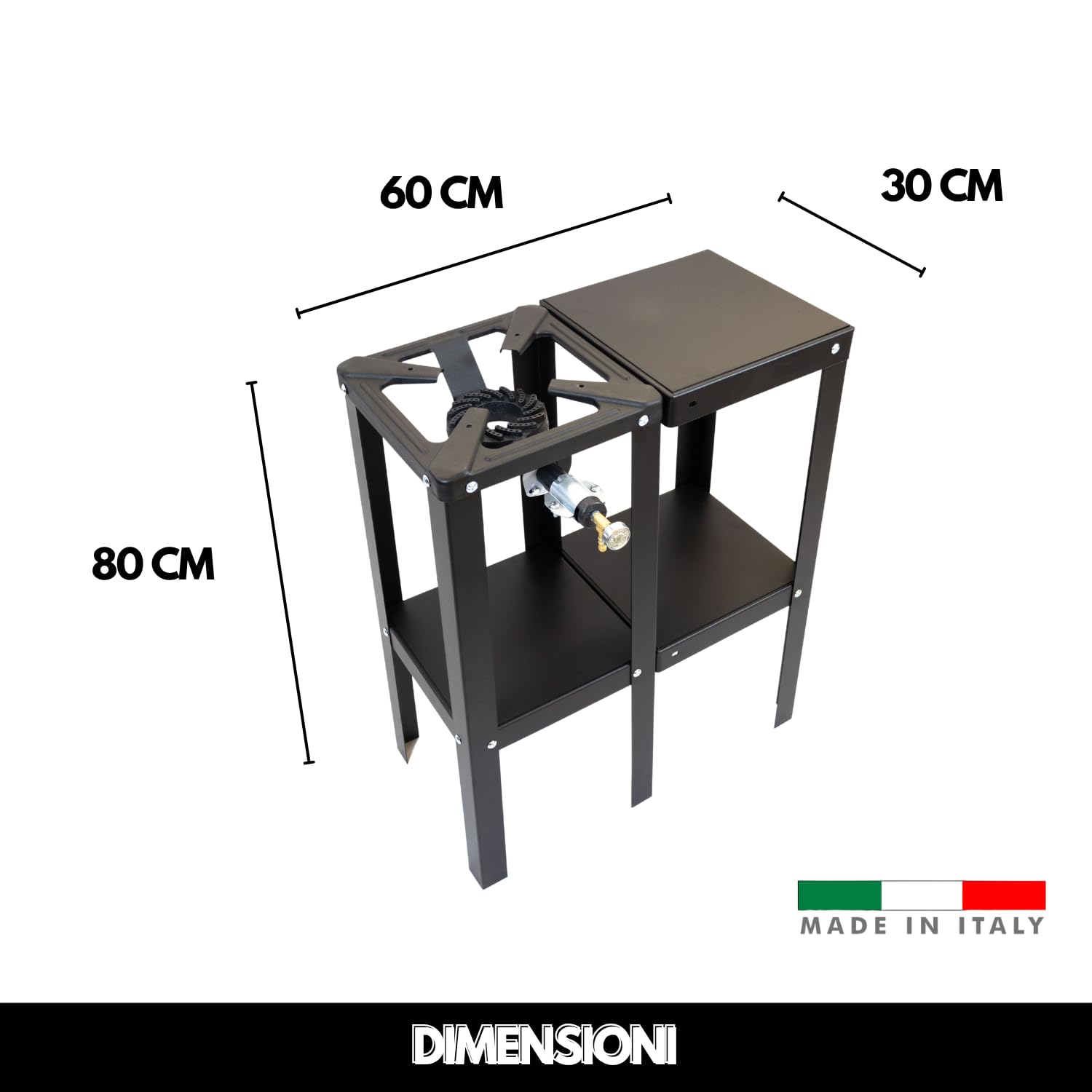 MOHOME Fornellone a Gas Esterno Premium Quality Made in Italy Ferro Resistente Portatile 30 x 60 x 80 cm Bruciatore Ghisa Regolatore 4 Piedi con Banchetto Supporto Pentole Campeggio Pic Nic Outdoor