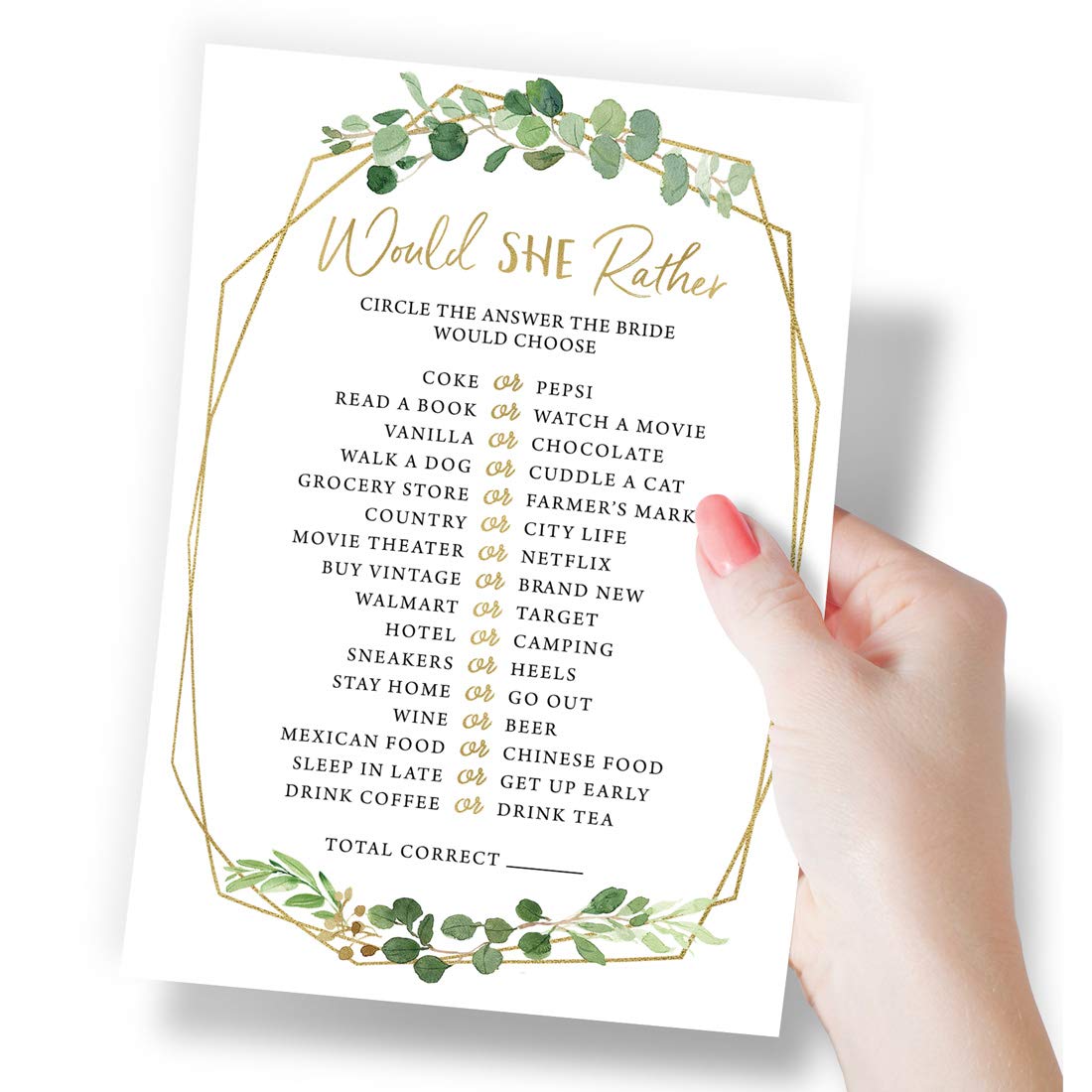 Printed Party Bridal Shower Games – Would She Rather Game with Fun Bride-to-Be Trivia, Wedding Shower Activity, Botanical Greenery Theme, 50 Guests