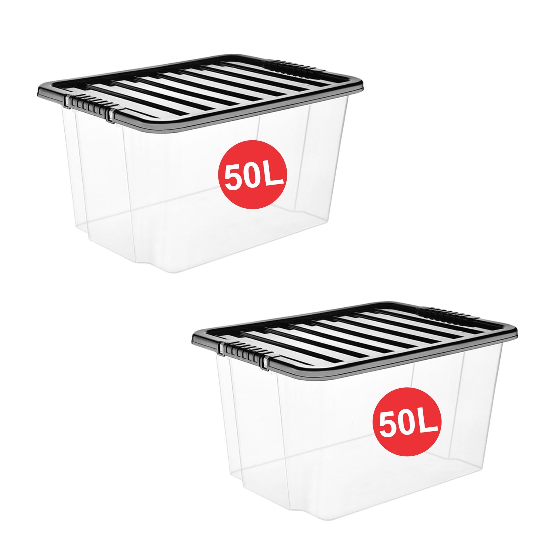 RelianceUK 50L Large Storage Box (Pack of 2) - Strong Stackable Storage Boxes with Black Lids 50 Litres - Home, Office, Kitchen, Nestable Storage Containers | Made in UK Large Plastic Box with Lid