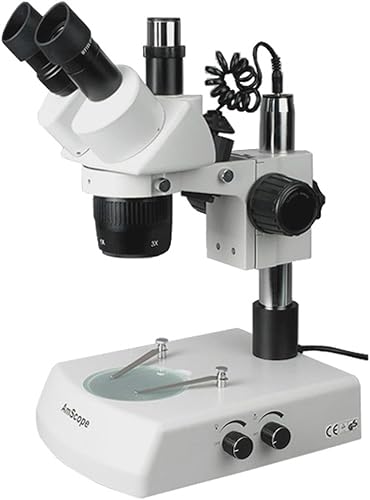 AmScope Microscopio estéreo trinocular SW-2T24, oculares WH10x, aumento 20X/40X, objetivo 2X/4X, iluminación halógena superior e inferior, soporte