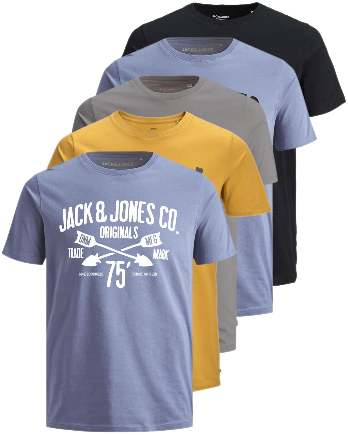 JACK & JONES Herren 5er-Set T-Shirts in verschiedenen Styles, Prints und Farben aus Baumwolle