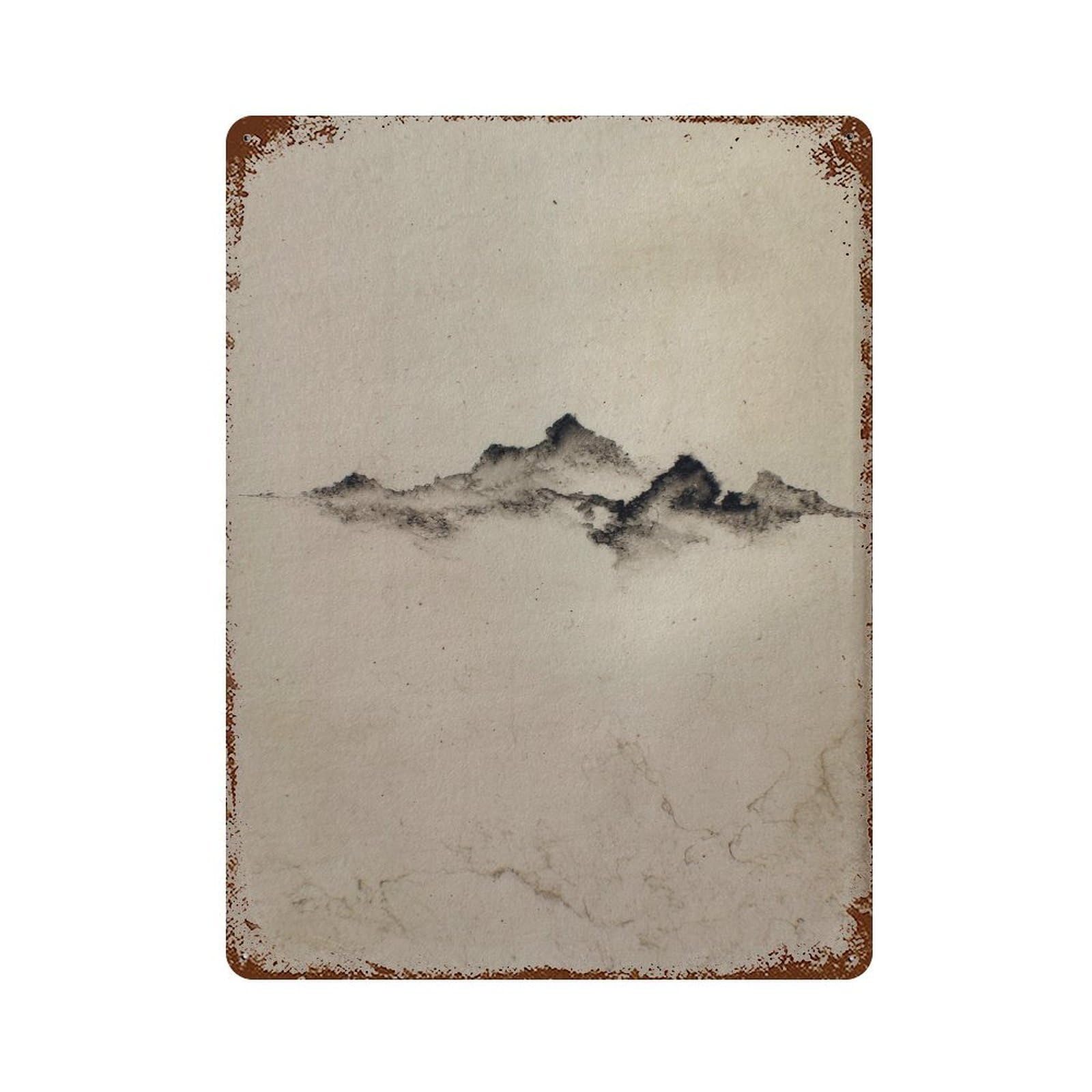 xiaoxiaoshen Minimalist Mountain Landscape. Wabi Sabi Japanese Ink Wall Decor Art Metal Tin Poster Modern Home Decor Art Home Bar Shop Decorations Vintage Sign 40x30cm