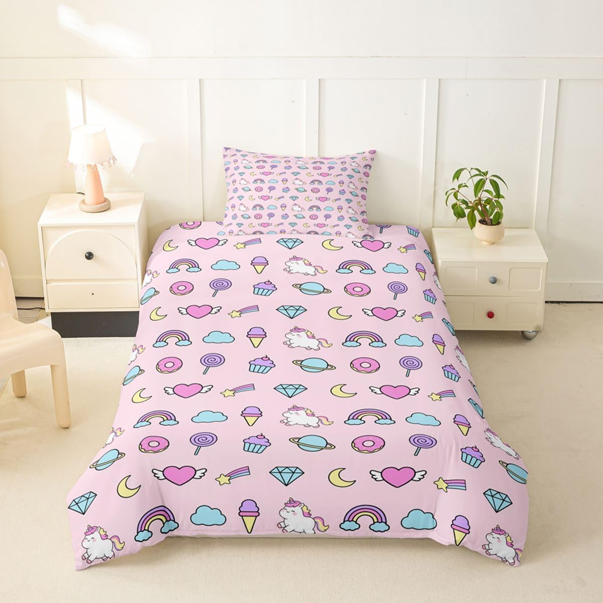 jejeloiu Unicorn Duvet Cover Toddler Size Cute Rainbow Donuts Bedding Set for Boys Girls Cartoon Pattern Decor Comforter Cover Bedroom Decor 2Pcs