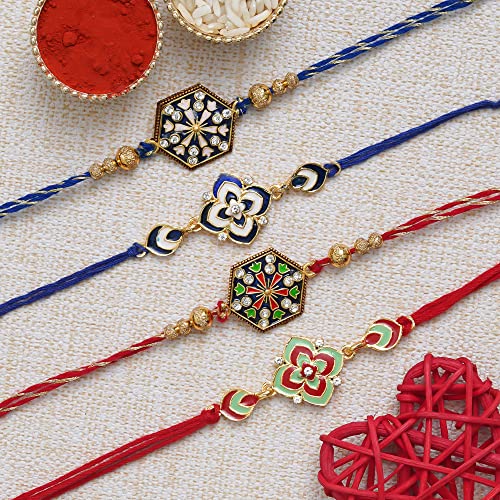 Image of eCraftIndia Set of 4 Rakhi Combo Hamper | Red Golden & White Beads Pearl Diamond Designer Rakhis
