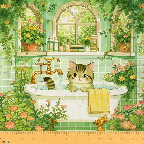 Playful Tabby Cat Soft Flannel Polyester,Green Plants and Colorful Flowers