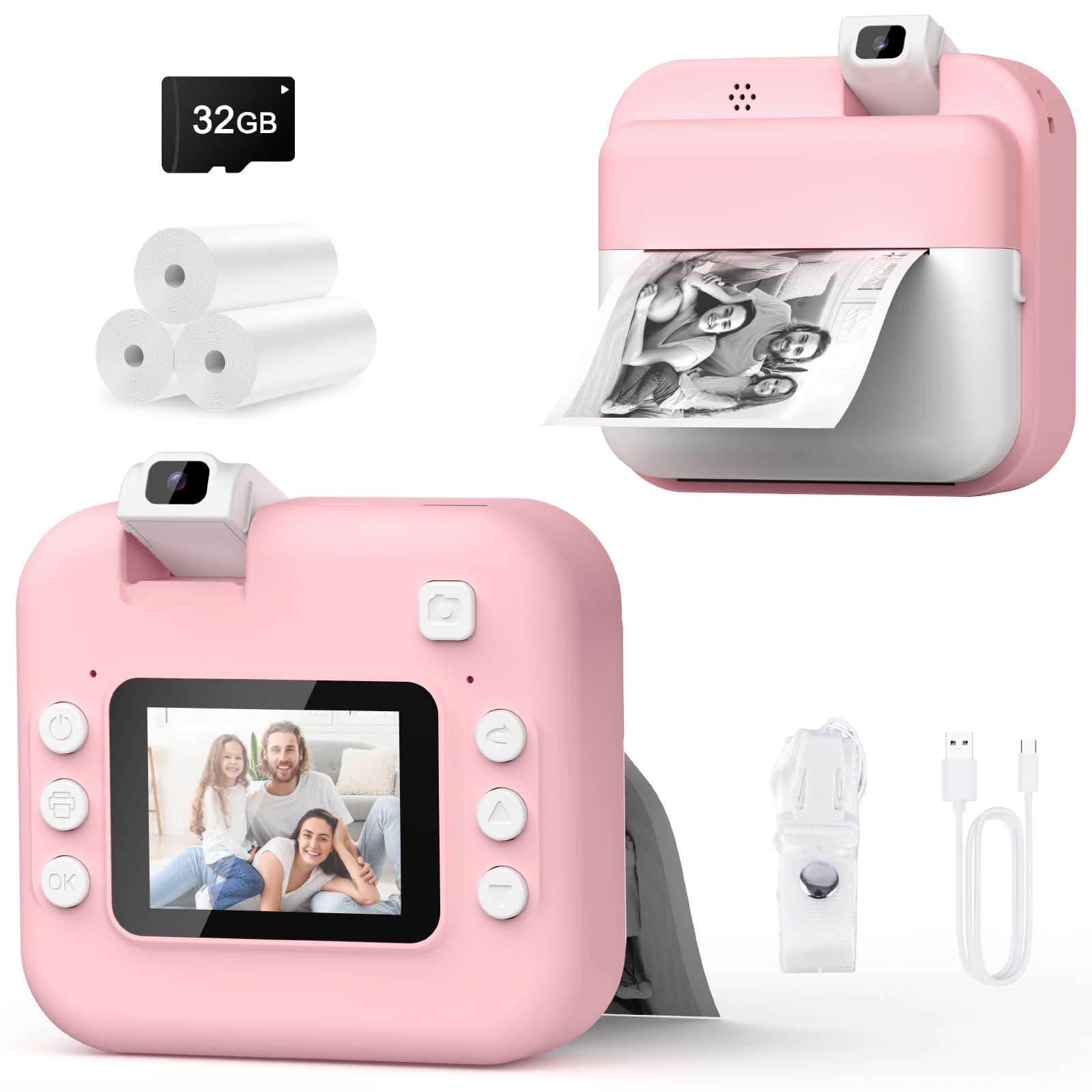 Teoryieer Cámara de Fotos Instantánea, Pantalla HD de 2.0 Pulgadas y 48 MP, 1080P cámara de Fotos Infantil, Tarjeta de 32 GB y 3 Rollos de Papel de Impresión, Ideal para Niños de 3 a 12 Años (Rosa)