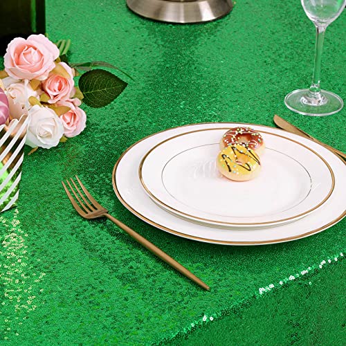 Image of B-COOL Round Tablecloth Sequin Draping Decorations: 132 Inch Tablecloths Sequin Overlay Green Shimmer Fabric for Birthday Dinner Parties Christmas Decor