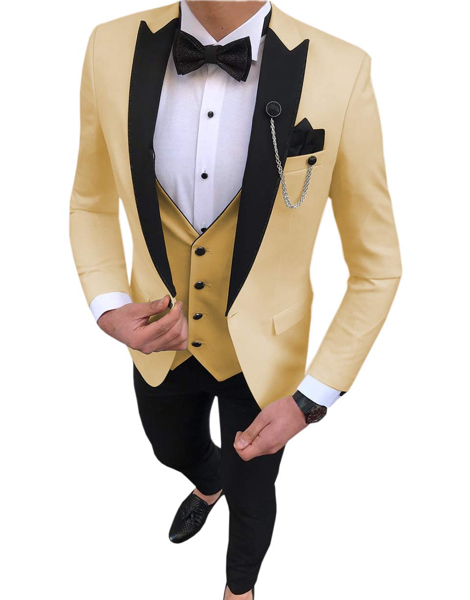 Leader of the Beauty Mens 3pcs Champagne with Black Peak Lapel Wedding Suits Slim Fit Groom Tuxedos Suits Casual