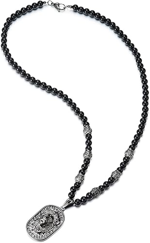 Miniatura 2 de COOLSTEELANDBEYOND Collar de cuentas para hombre de estilo gótico con colgante de escudo de cabeza de león de acero inoxidable
