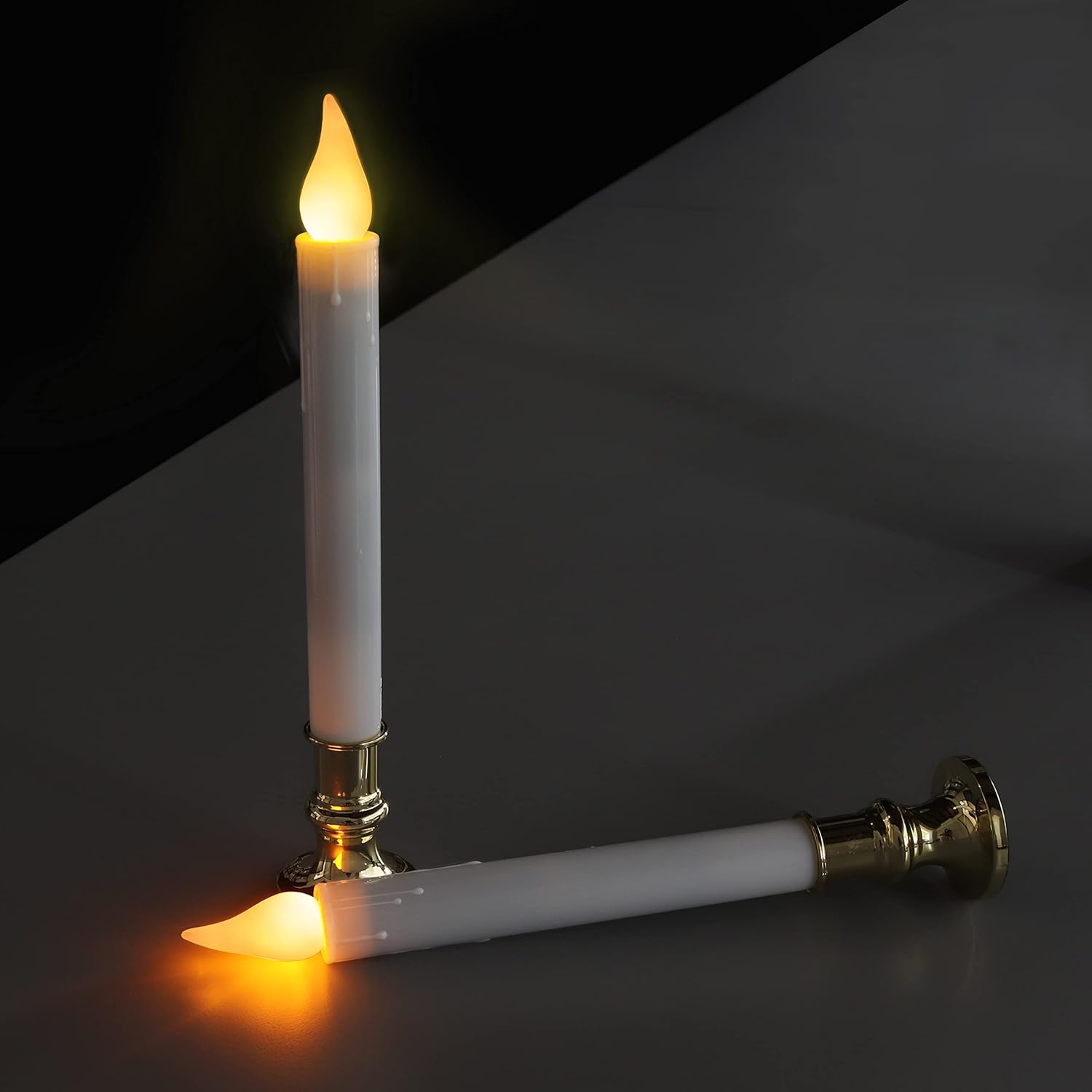 FURORA LIGHTING LED White Taper Candles with Gold Holders Pack of 2 with 5/19 Timer, Elegant Flameless Glow for Home Décor, Batteries Included