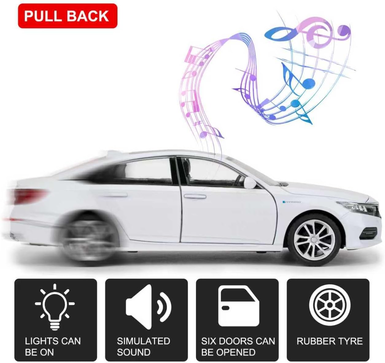 WAKAKAC Toy Cars Compatible for 1:24 Accord Model Cars, Pull Back Die-cast Vehicles with Sounds＆Lights for Kids Boys Girls and Adults, Gift White
