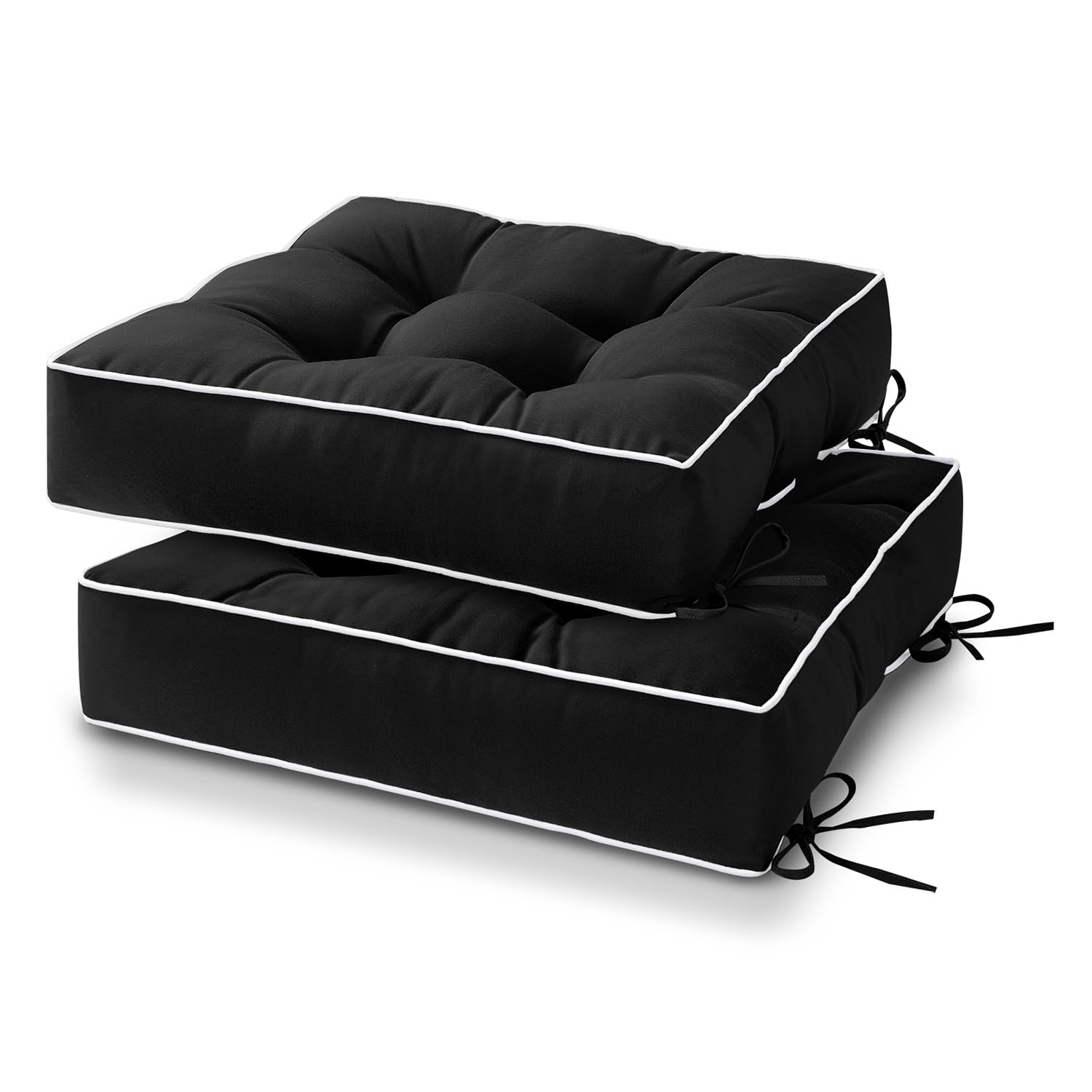 HARBOREST Outdoor Chair Cushions Set of 2, Tufted Patio Chair Cushions with Ties, Square Corner Outdoor Cushions for Patio Furniture, Lawn Chairs, Wicker Chairs, 19" x 19" x 5", Black