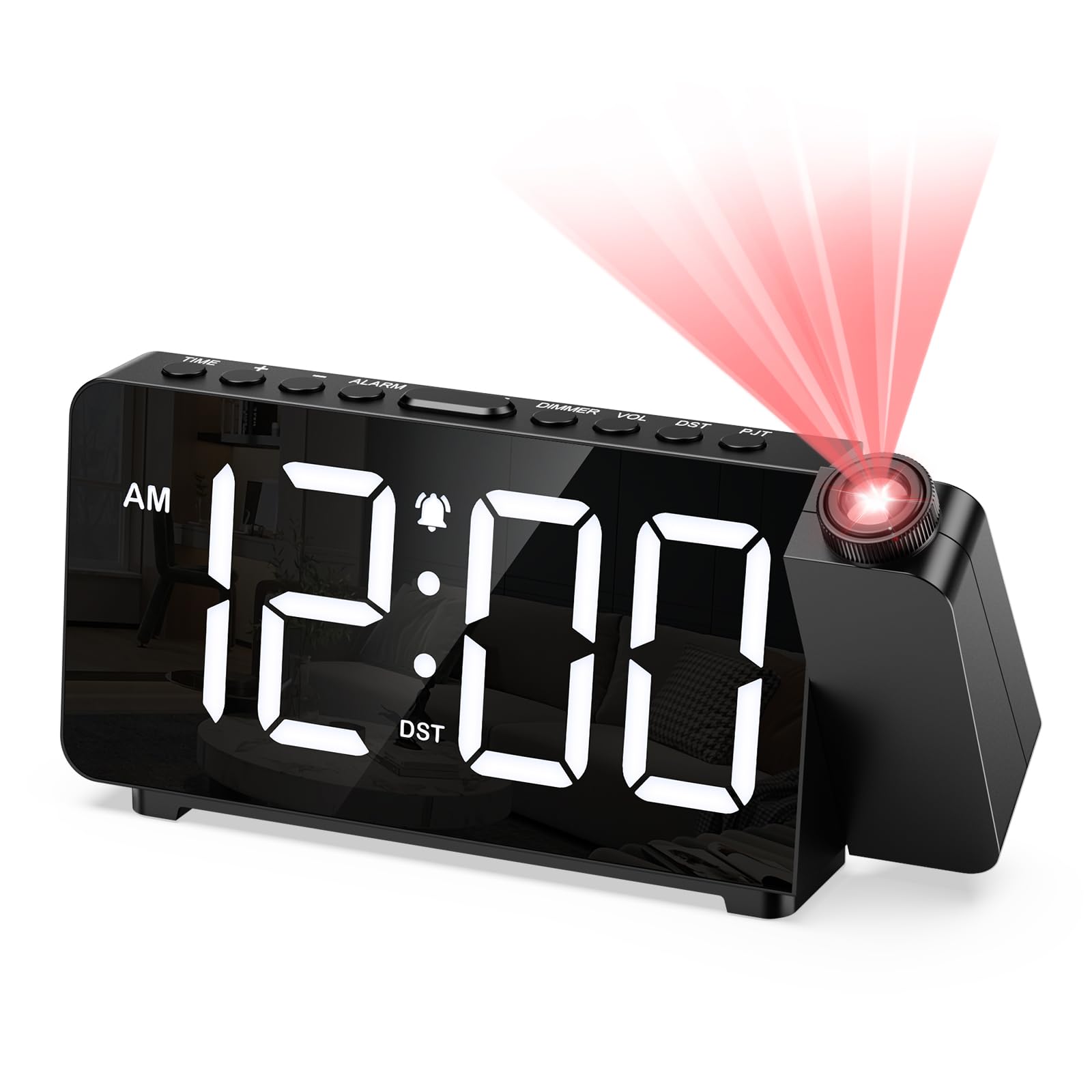 Ankilo Projection Alarm Clock for Bedroom, 6.4 IN Projector Clock on Ceiling, Alarm Clocks Bedside with USB Charge Port Adjustable Brightness/Volume for Heavy Sleepers, Snooze