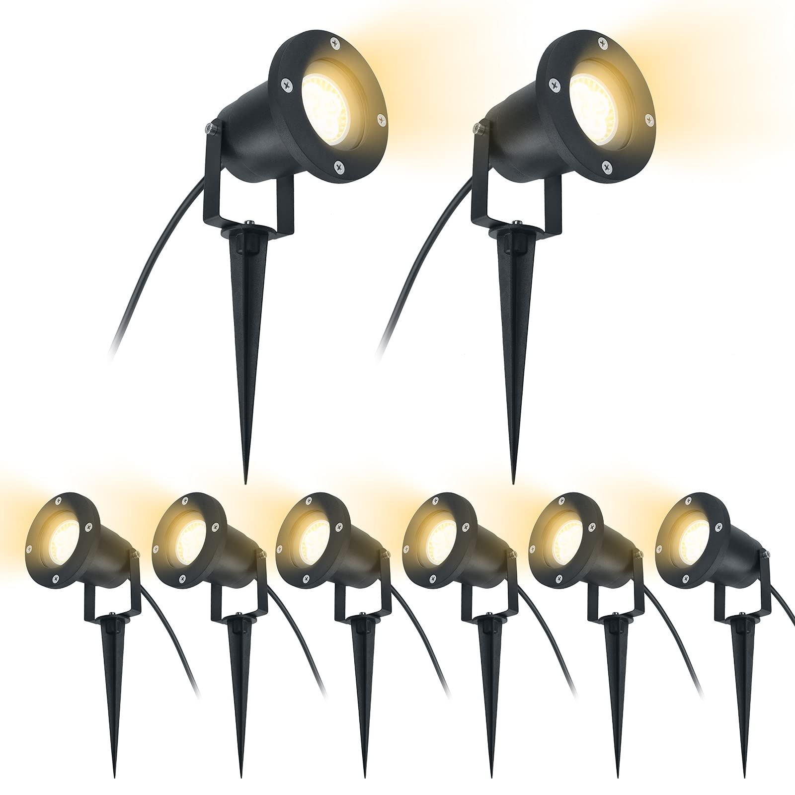 Aufun 8 lampade da giardino a LED da 3 W con picchetto, luce bianca calda, nero opaco, impermeabile IP65, per esterni, giardino, laghetto, paesaggio, senza spina Schuko (8 x 3 W, bianco caldo)