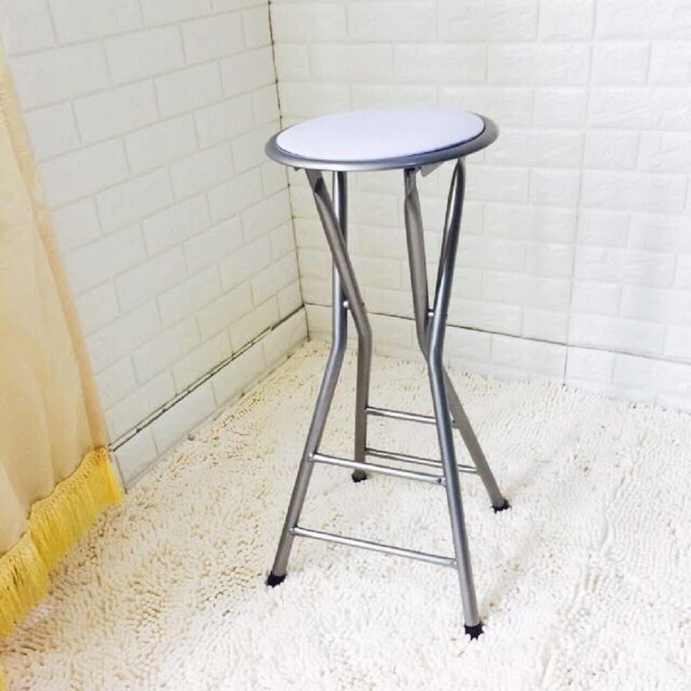 Bar Chair, Modern Folding Armless Counter Stool Metal Living Room Bar Stool with Footrest (1, White-Silver-Bar Stool (28" H))