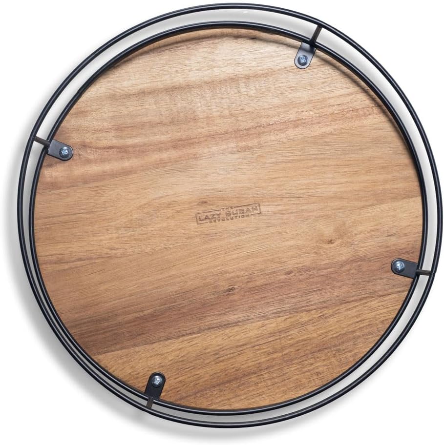 12" Acacia Wood Lazy Susan Revolution Turntable w/Black Wire – Rotating Kitchen Organizer for Table, Pantry, or Cabinet, Rustic Wood Finish, 360° Spin