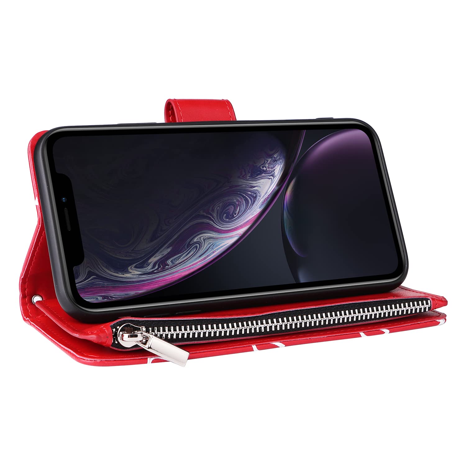 UEEBAI Funda Tipo Cartera Para IPhone XR, Funda De Piel Sintética Con Cierre Magnético, Ranuras Para Tarjetas, Bolsillo Con Cremallera, Correa De Mano Con Diseño único De Rosas, Vino Tinto