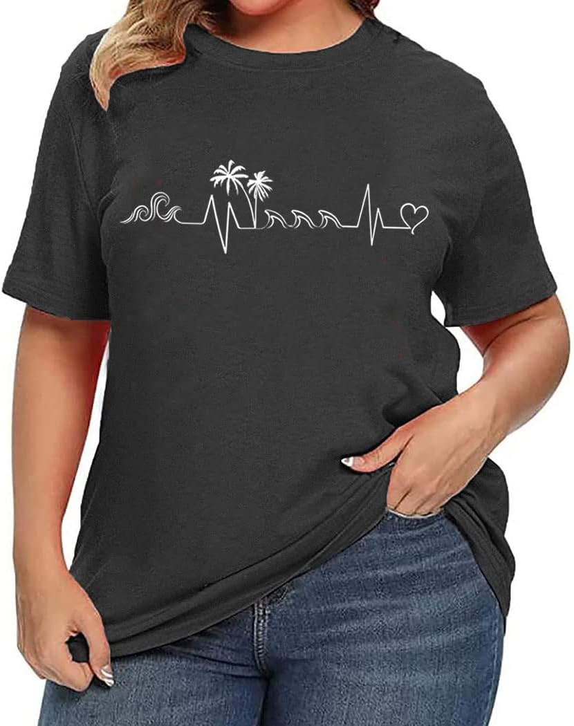 Women's Summer Plus Size Beach Vacation Printed Short Sleeve Round Neck Casual Top - Image 2