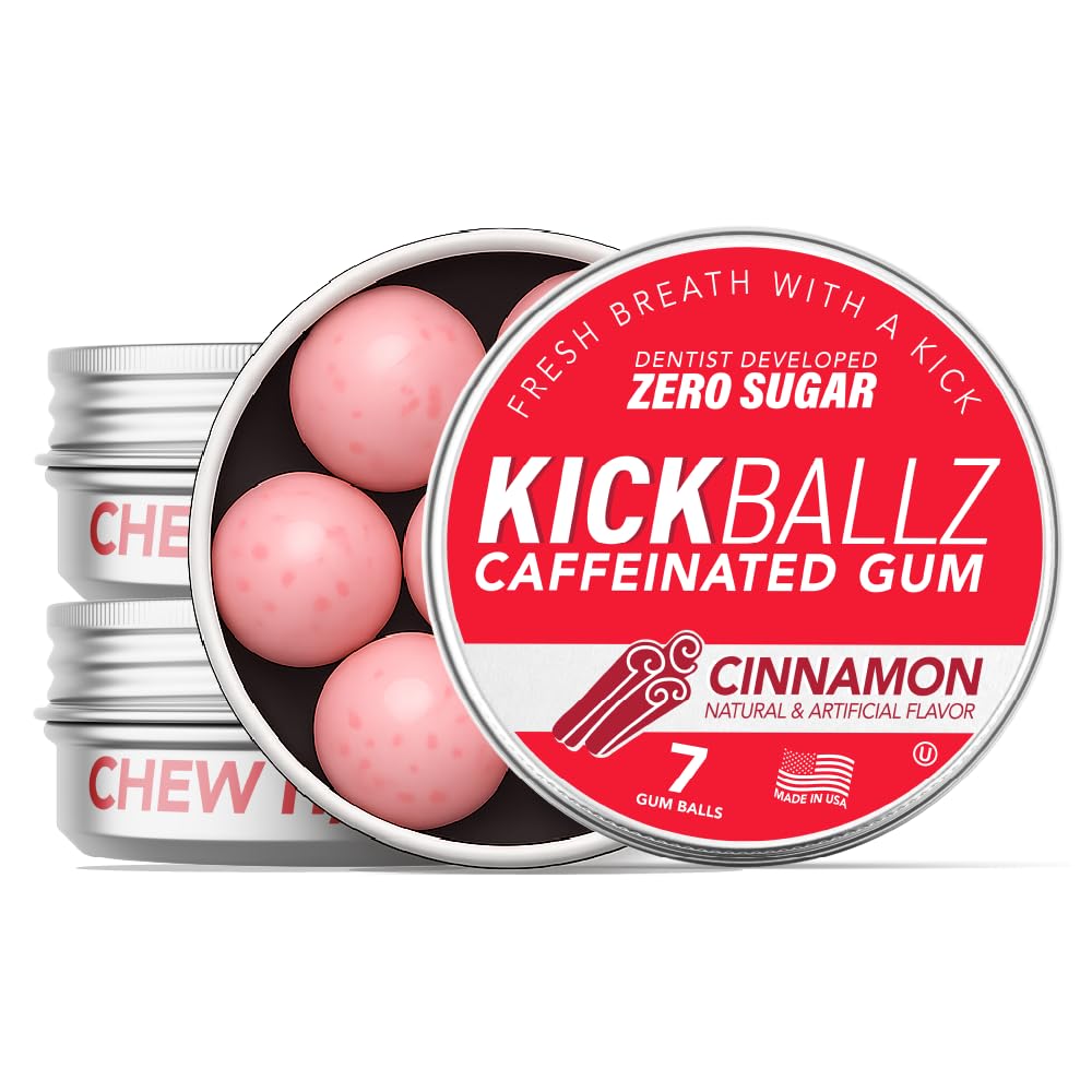 KickBallz Cinnamon Caffeinated Energy Gum 110mg | Spicy Fast-Acting Caffeine Gum for Energy & Focus | Sugar-Free Nootropic Chew | Keto Pre-Workout