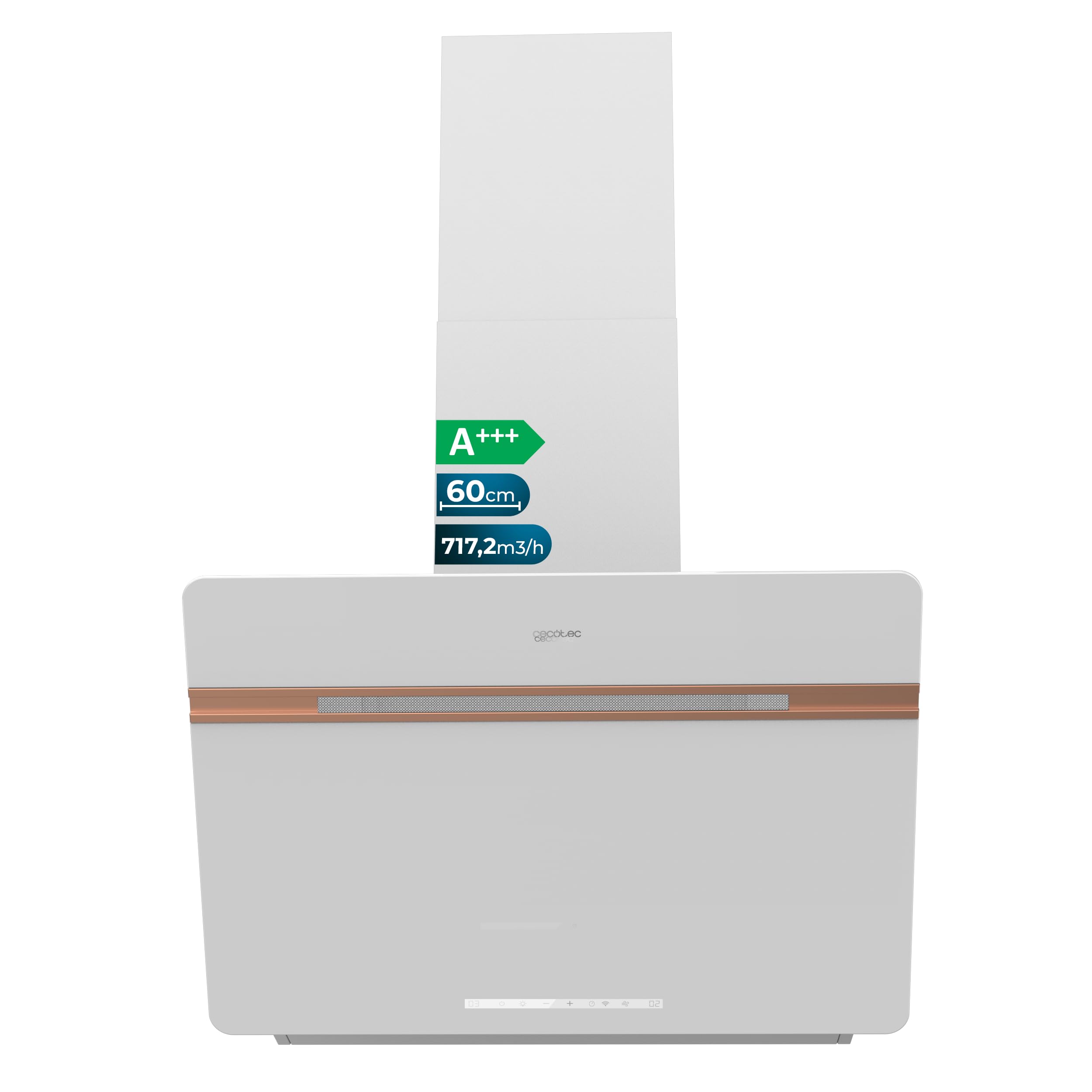 Cecotec Okap dekoracyjny 60 cm Bolero Flux DT 607500 Matt White A+++. Matowe i błyszczące szkło z miedzianymi detalami, ssanie 717,2 m³/h, funkcja wzmacniacza, filtry aluminiowe, klasa A+++