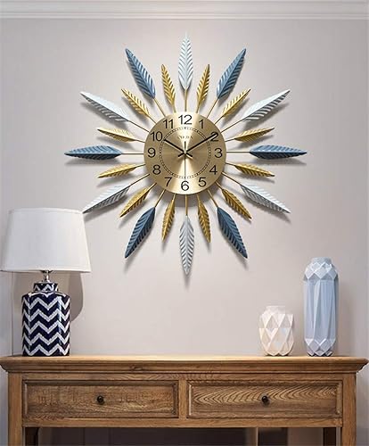 Miniatura 3 de Clock Large,Retro Geometric Feather Design Mute Golden Clock,Modern Polychromatic Vintage Metal for Home Kitchen,Blue White,58.5cm Art Home Dec