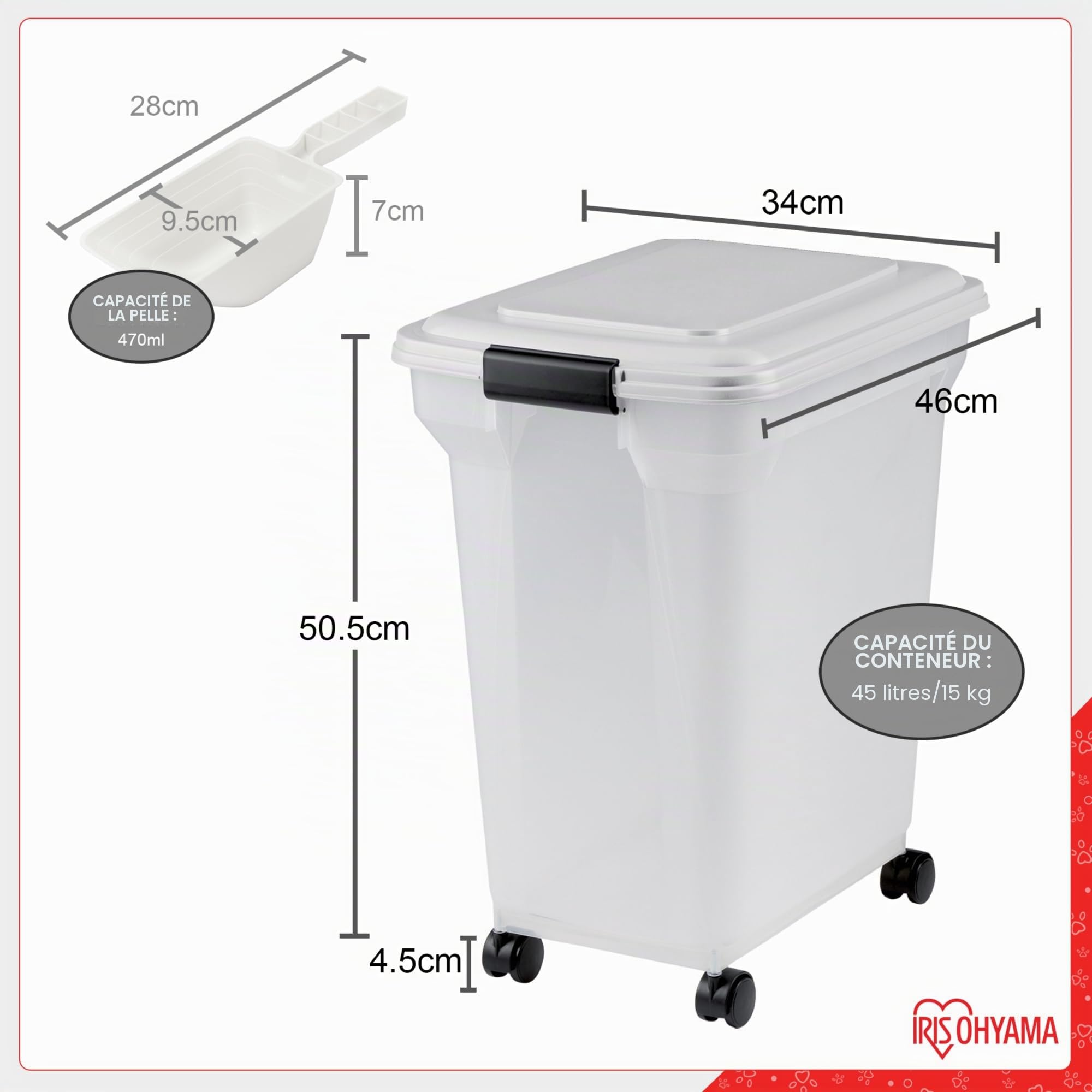 Iris Ohyama, Boite Croquette Chien Hermetique à roulettes, 40L/15kg, Blanc, Couvercle à Rabat avec Joint Etanche, Plastique, pour Chien, Chat, Friandises, Conteneur Croquettes, sans BPA, ATS-L