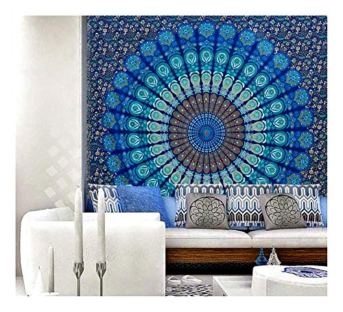 Tapisserie murale Raajsee style mandala indien, motif psychédélique bohémien bleu floral, taille (54 x 84 cm)