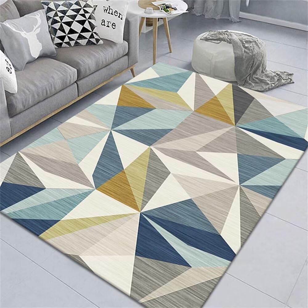 Tapis de salon gris-bleu 200X290cm à motif géométrique triangulaire
