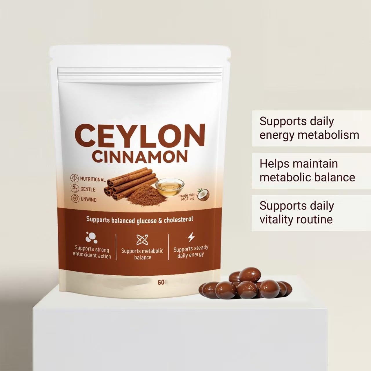 Cannelle de Ceylan – avec huile MCT – Métabolisme, soutien à la vitalité – Sans OGM, sans gluten, 60 unités,1Pcs