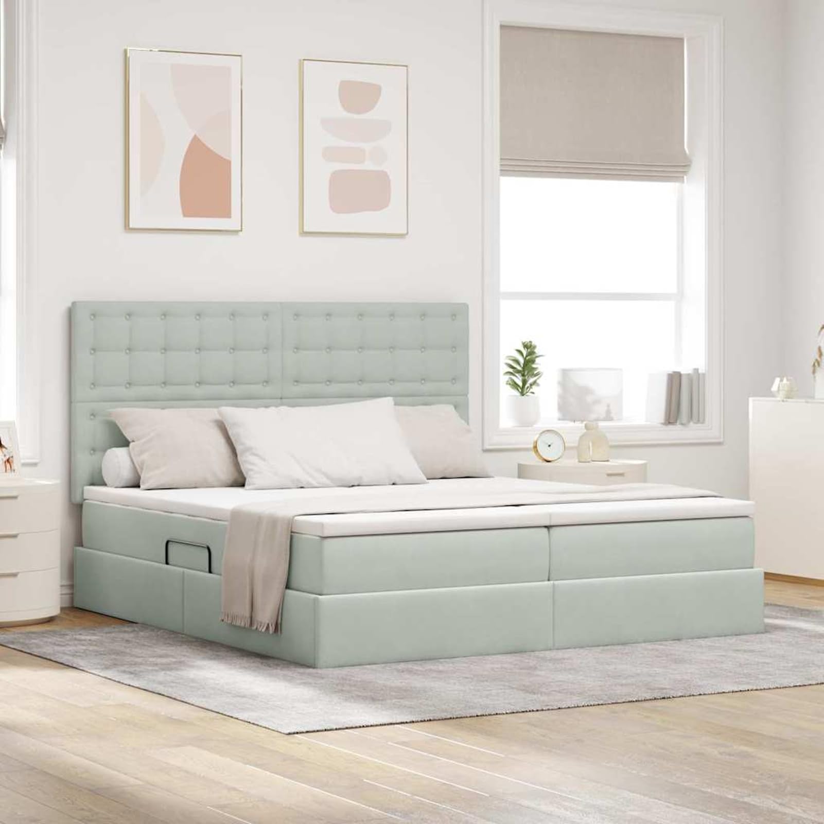 Fasba Cama de Almacenamiento con elevación hidráulica y Luces LED - Tamaño 200x203 cm, Color Gris Claro, Material Terciopelo Modelo FCZJ-3372911ES