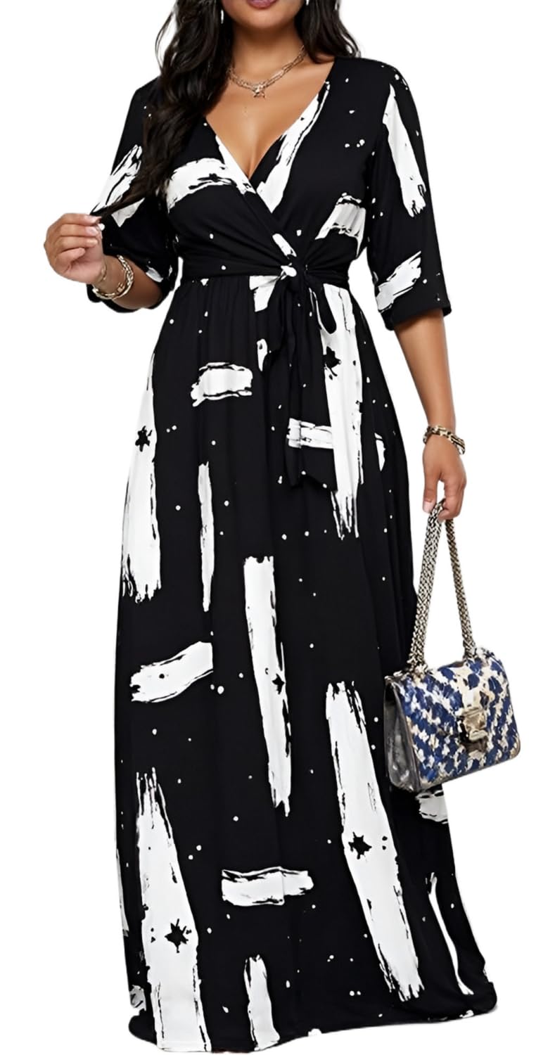 Women's Church Maxi Wrap V Neck 3/4 Sleeve Tie Waist Plus Size Long Dress