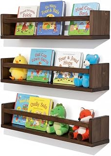 AZSKY Nursery Floating Book Shelves Set of 3, Wall Mounted Toddler Bookshelf Deep Walnut 15.7 Inch(40cm), Book Storage & Display Hanging Kids Shelf for Nursery, Bedroom, Playroom Baby Room Décor