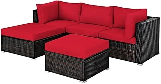 5PCS Patio Rattan Furniture Set Sectional Conversation Set Ottoman Table Red