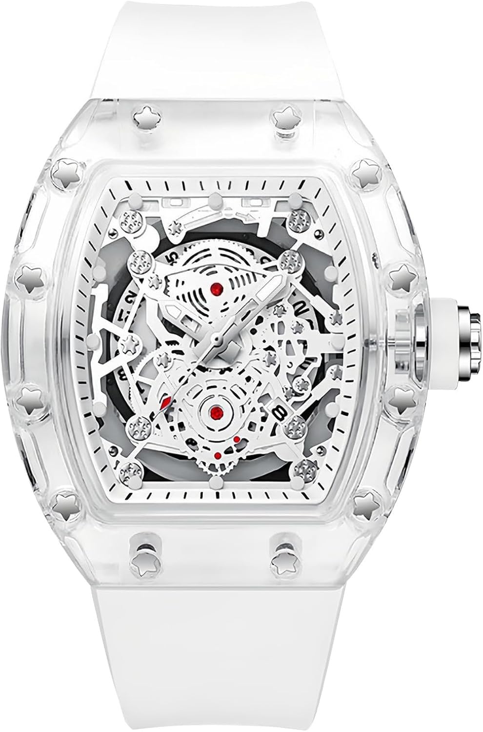 Unique Hollowed Skeleton Analog, Watches for Men Fashion Tonneau Water Resistant, Sports Transparent Business Silicone Strap with Shock Resistant — view 7