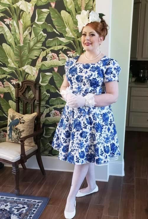 OBBUE Women's Square Neck Dress Vintage 1950s Cocktail Party Dress with Puff Sleeves - Image 2