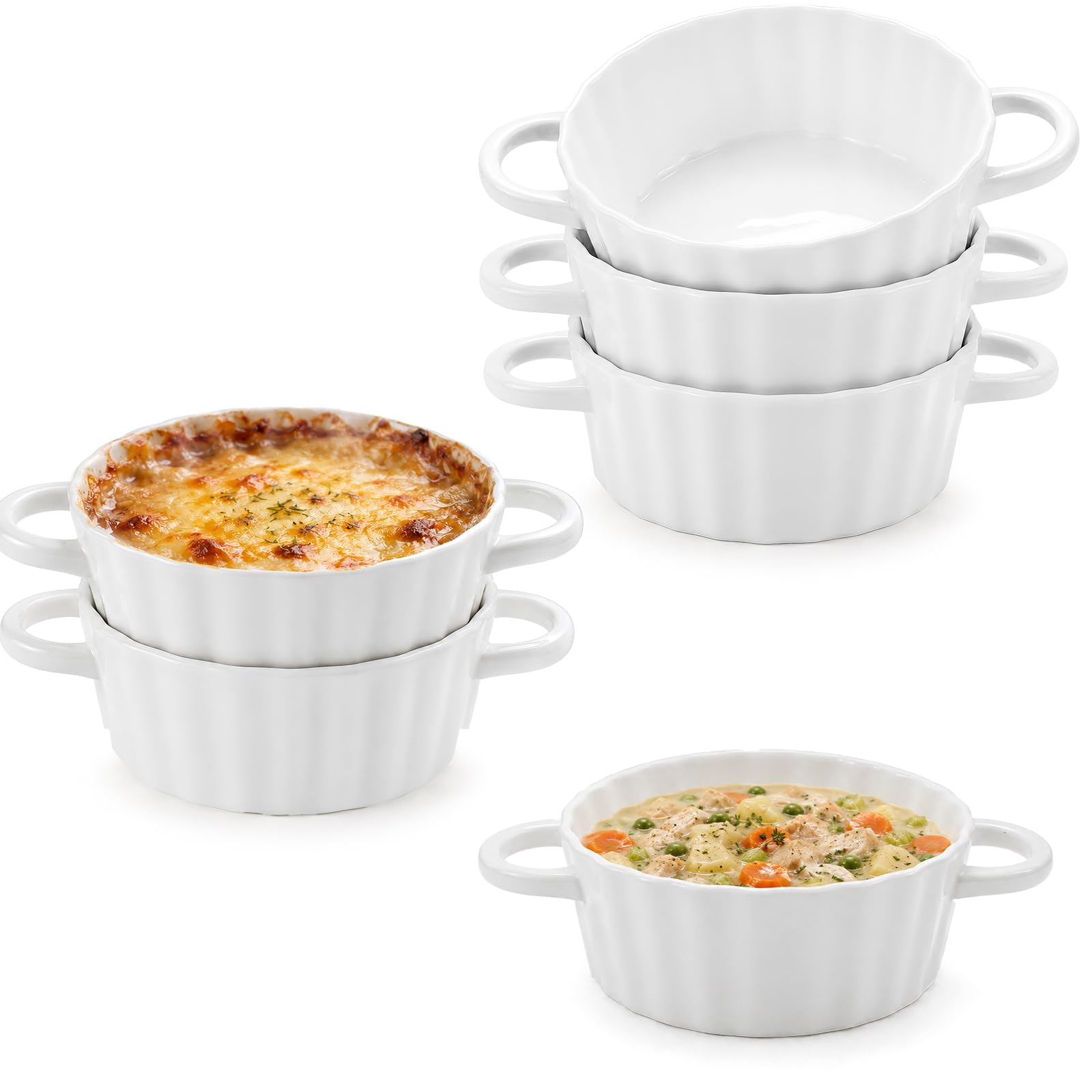 Lot de 6 ramequins en céramique - 200 ml - Soufflé - Avec poignées - Pour four et micro-ondes - Passe au four à crème brûlée - Pour ragoût fin - Blanc - 12,7 cm