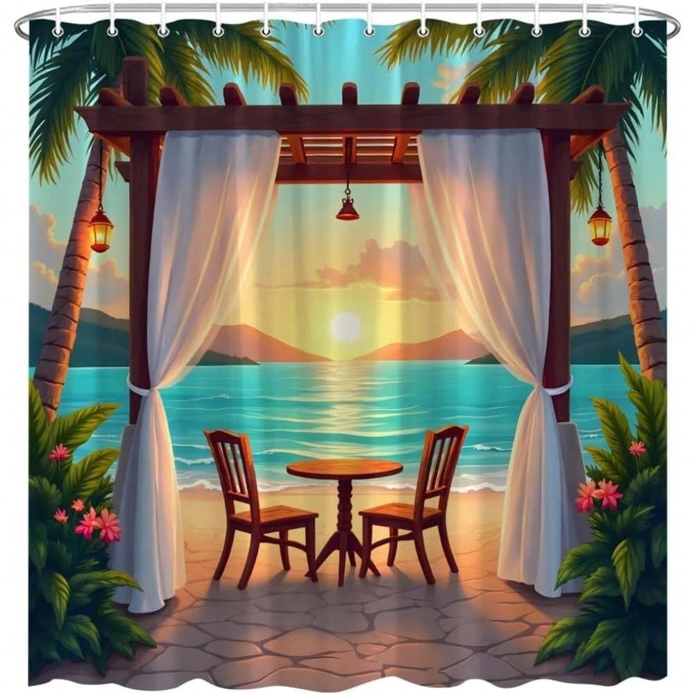 GLKSDLPO Tropical Beach Sunset Shower Curtain, Palm Tree Floral Sunrise Coastal Natural Scenery Bathroom Decor(120x200cm/47x79in(WxH)