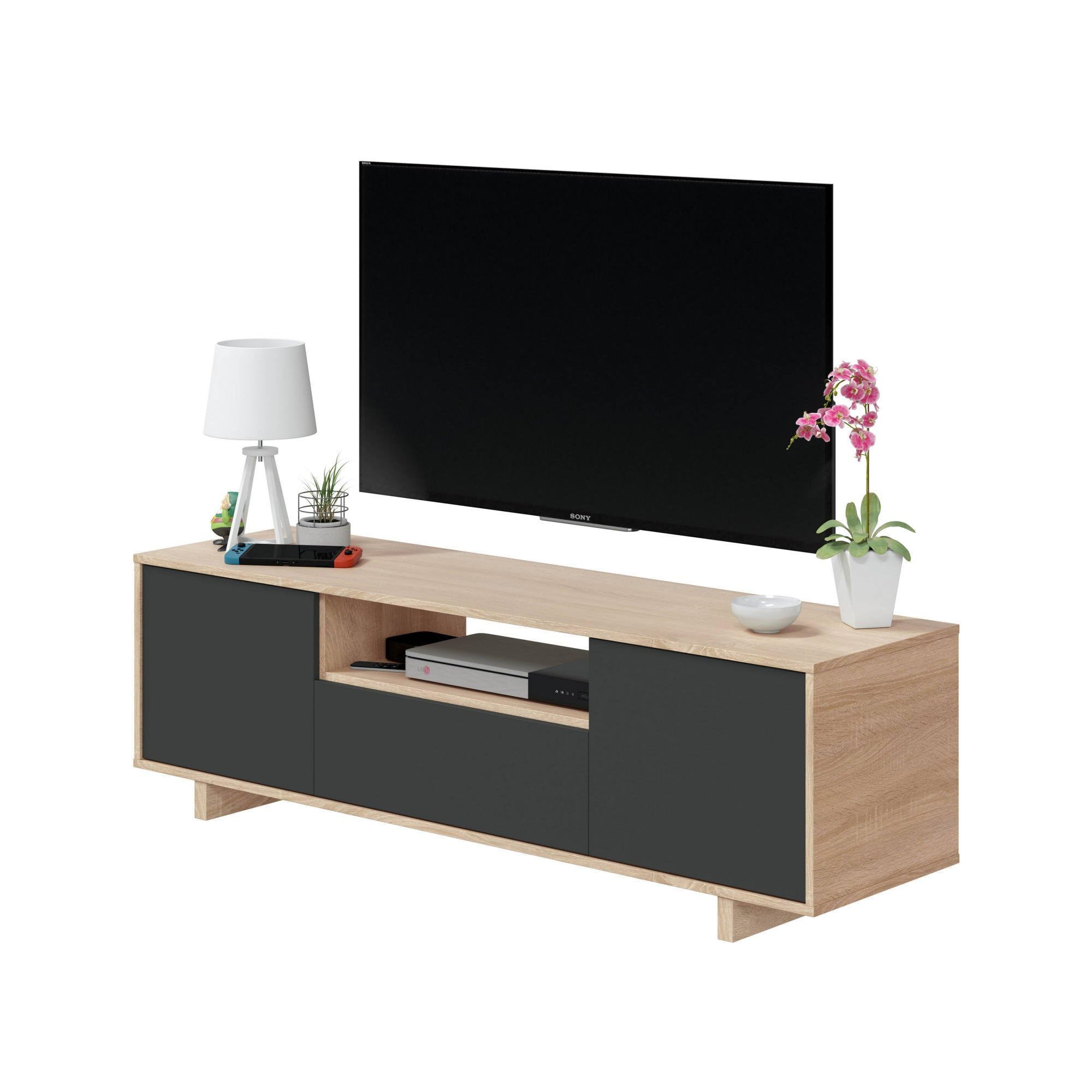 Dmora - Mobile porta TV Visalia, Credenza per televisione da soggiorno, Supporto TV a 3 ante, Credenza bassa, 150x41h46 cm, Rovere