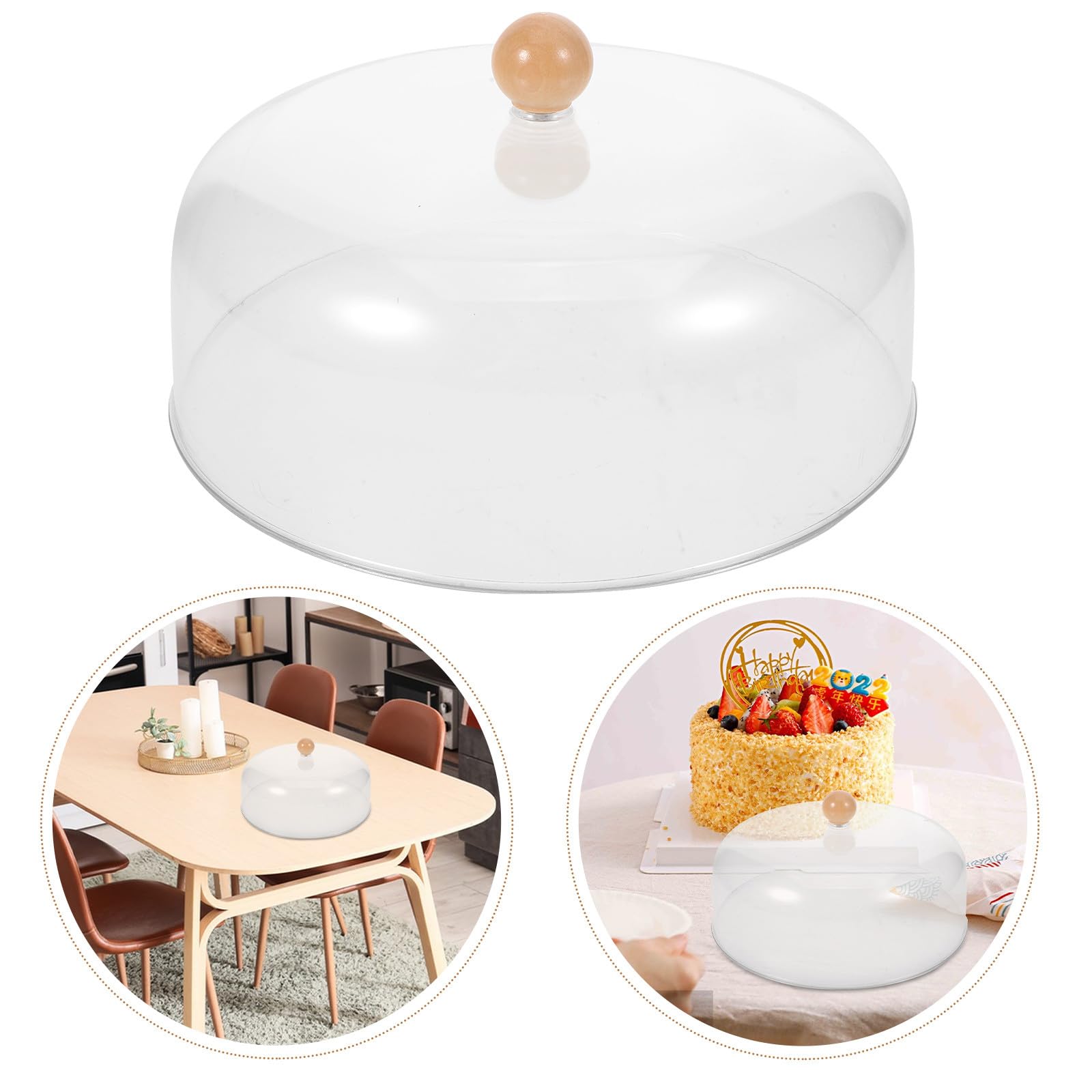 Housoutil Coperchio Rotondo per Alimenti e Torta 23 Cm in Acrilico Trasparente Manico in Legno, Copertura a Cupola per Formaggi e Pasticceria, Protezione Igienica per Cucina e Buffet