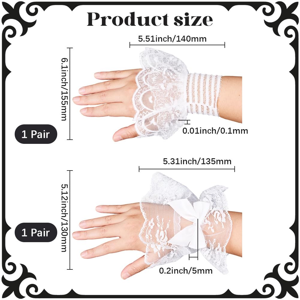 CABODYALS 2 works 2 Styles White Bow Floral Sheer Mesh Lace Removable Wrist Cuffs Bracelets Ruffle Costume Short Fingerless Gloves Hand Sleeve Cuff for Wedding Tea Party Cosplay Decor - Image 2