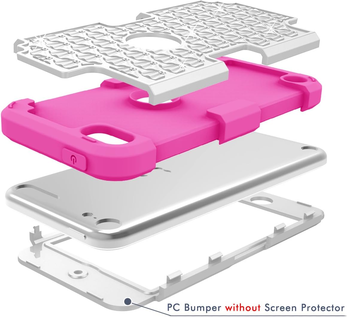 Hocase iPod Touch 7th/6th/5th Generation Case, Shockproof Heavy Duty Silicone Rubber+Hard Plastic Glitter Protective Case for iPod Model A2178, A1574, A1509, A1421 - White/Deep Pink