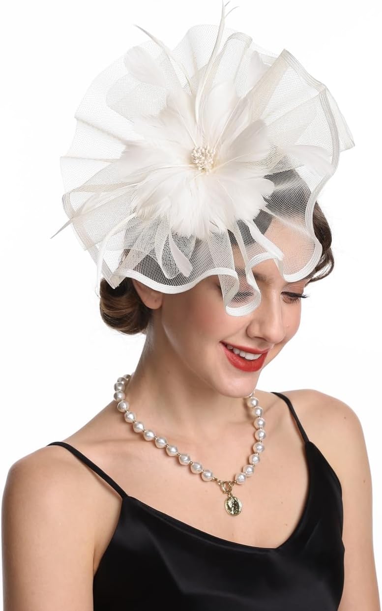 Fascinator Hat Feather Mesh Net Veil Party Hat Ascot Hats Flower Derby Hat with Clip and Hairband for Women